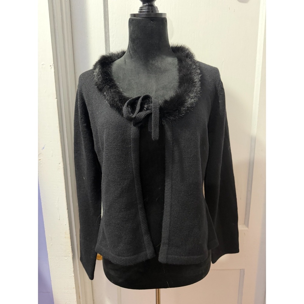 Ballinger‎ Gold Black Lambswool Faux Fur Lined Cardigan in M